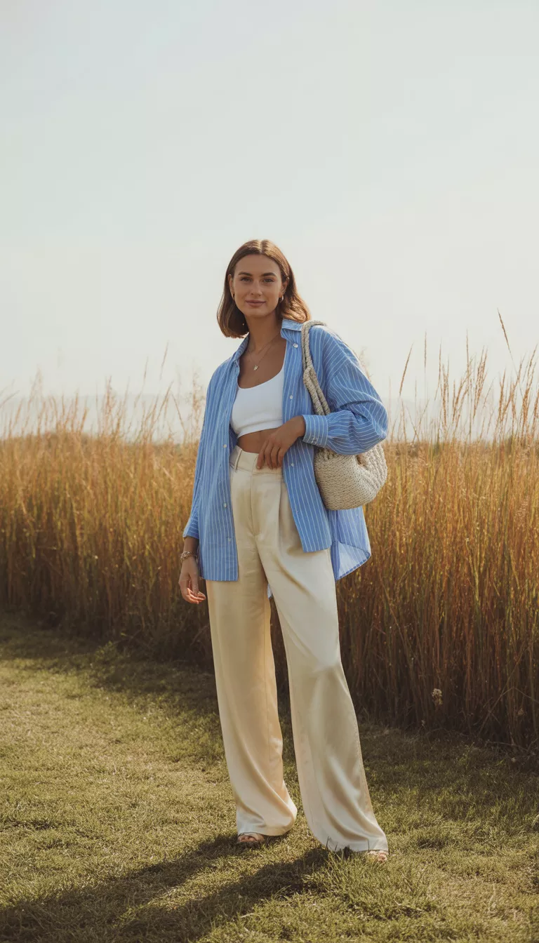 Satin Trousers And Oversized Pinstripes A beautiful woman in cream satin wide leg trousers, a white crop top, an oversized light blue pinstriped shirt, and a woven white bag, she stands outdoors.
