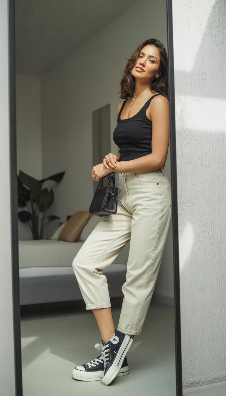Casual Edge With Cuffed Mom Jeans A beautiful woman in a black tank top, cuffed off-white mom jeans, black platform converse sneakers, and a small black handbag, she takes a mirror selfie indoors.