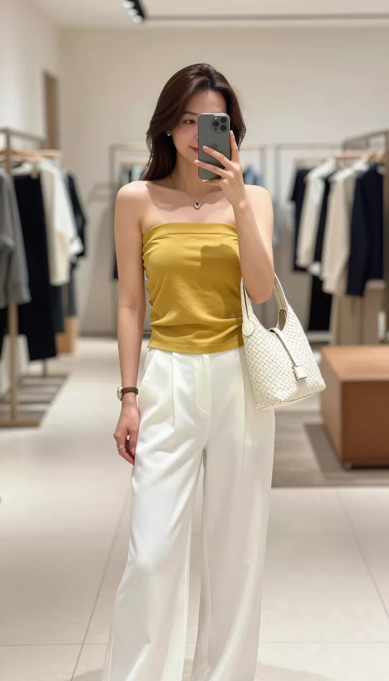 Mustard Yellow And White Mall Style A beautiful woman in white wide leg trousers, a mustard yellow bandeau top, and a small white woven bag, she takes a selfie in a light filled indoor shopping area.