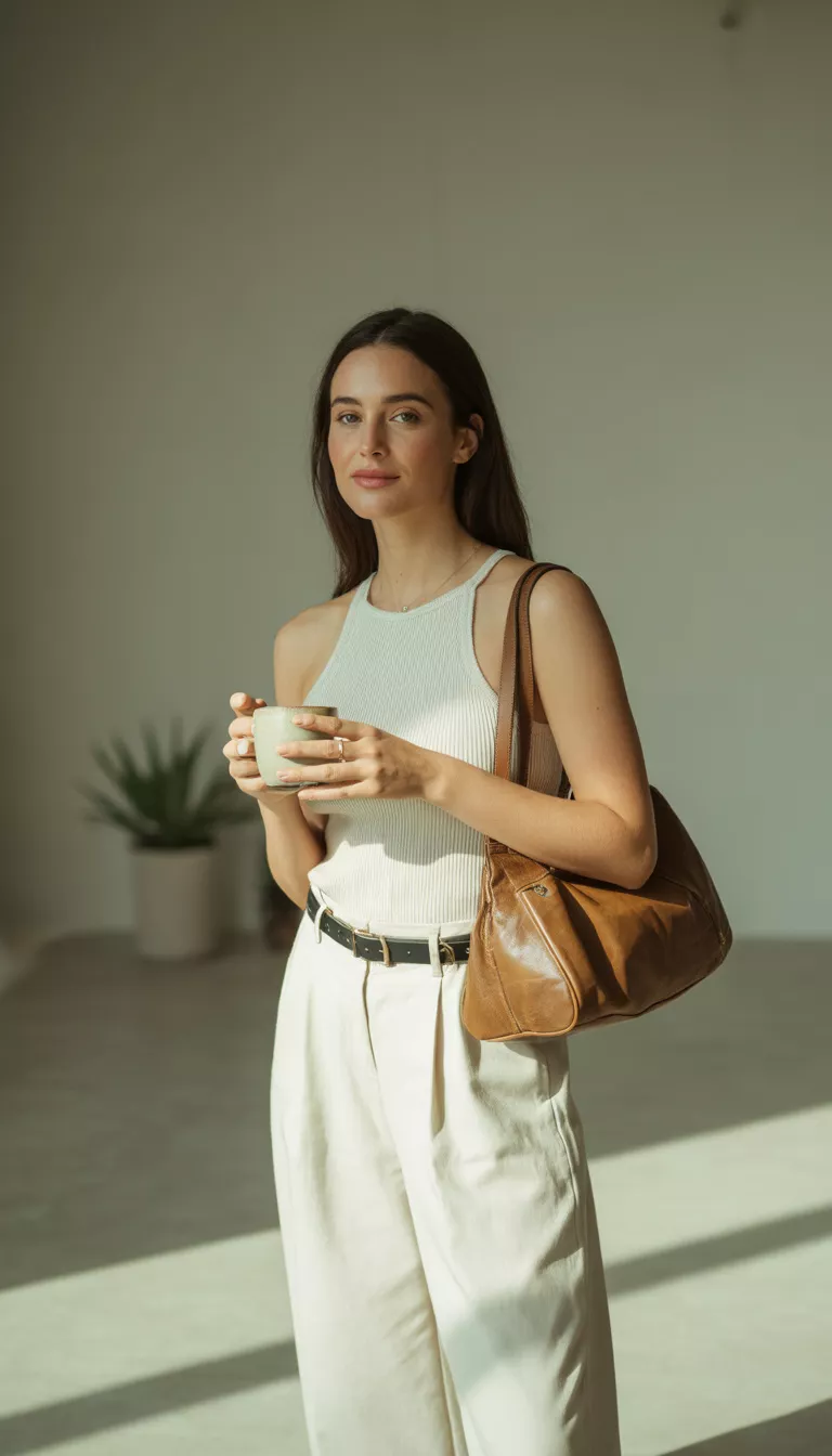 Minimalist Ribbed Comfort A beautiful woman in wide white trousers, a ribbed white sleeveless top, a black leather belt, and a brown shoulder bag, she holds a coffee cup in a minimalist setting.