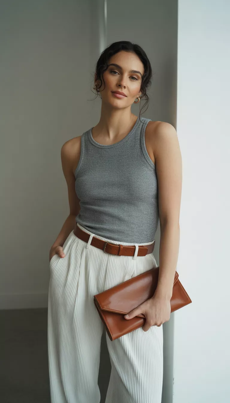 The Polished Grey Tank And Wide Leg Trousers A beautiful woman in a grey ribbed tank top, white wide leg pleated trousers, a brown leather belt, and a brown leather clutch, she poses against a plain white wall looking chic and minimalist.
