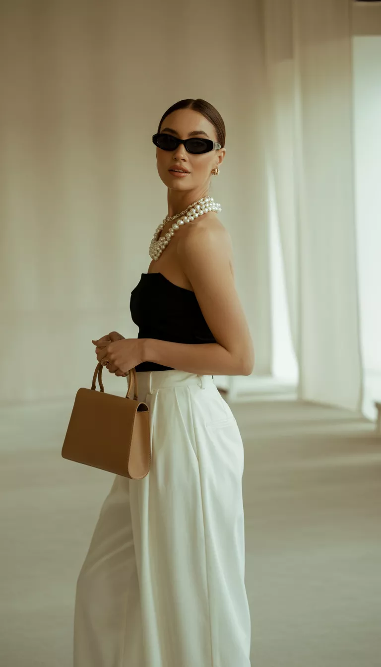 Sophisticated Pearls And Voluminous Trousers A beautiful woman in a black strapless top, voluminous white wide leg trousers, bold pearl necklaces, sunglasses, and a structured tan handbag, she poses indoors looking stylish.