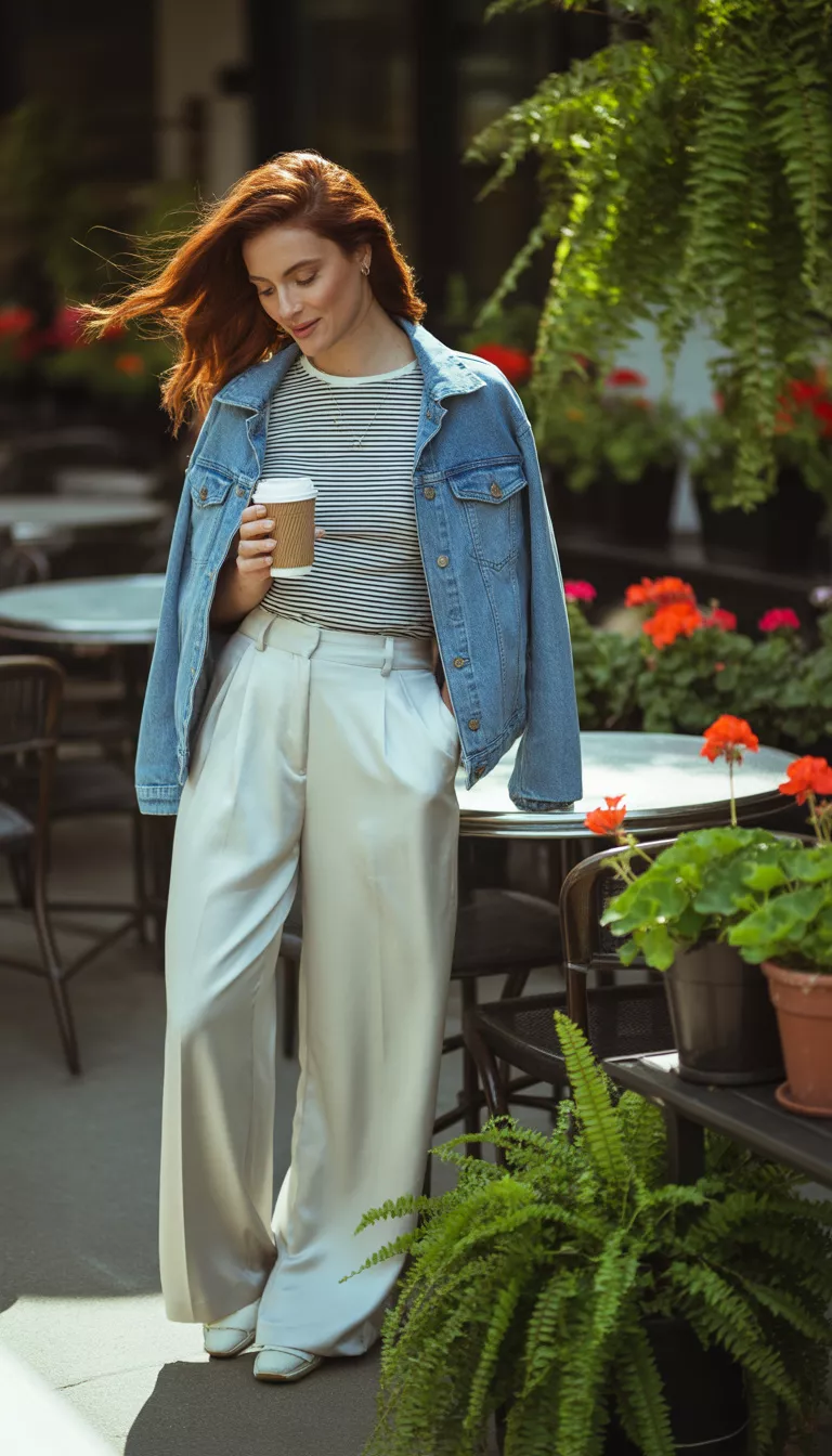 Satin Sheen And Denim Layers A beautiful woman in wide white satin trousers, a striped t-shirt, an open light blue denim jacket, she holds a coffee cup near outdoor cafe tables.
