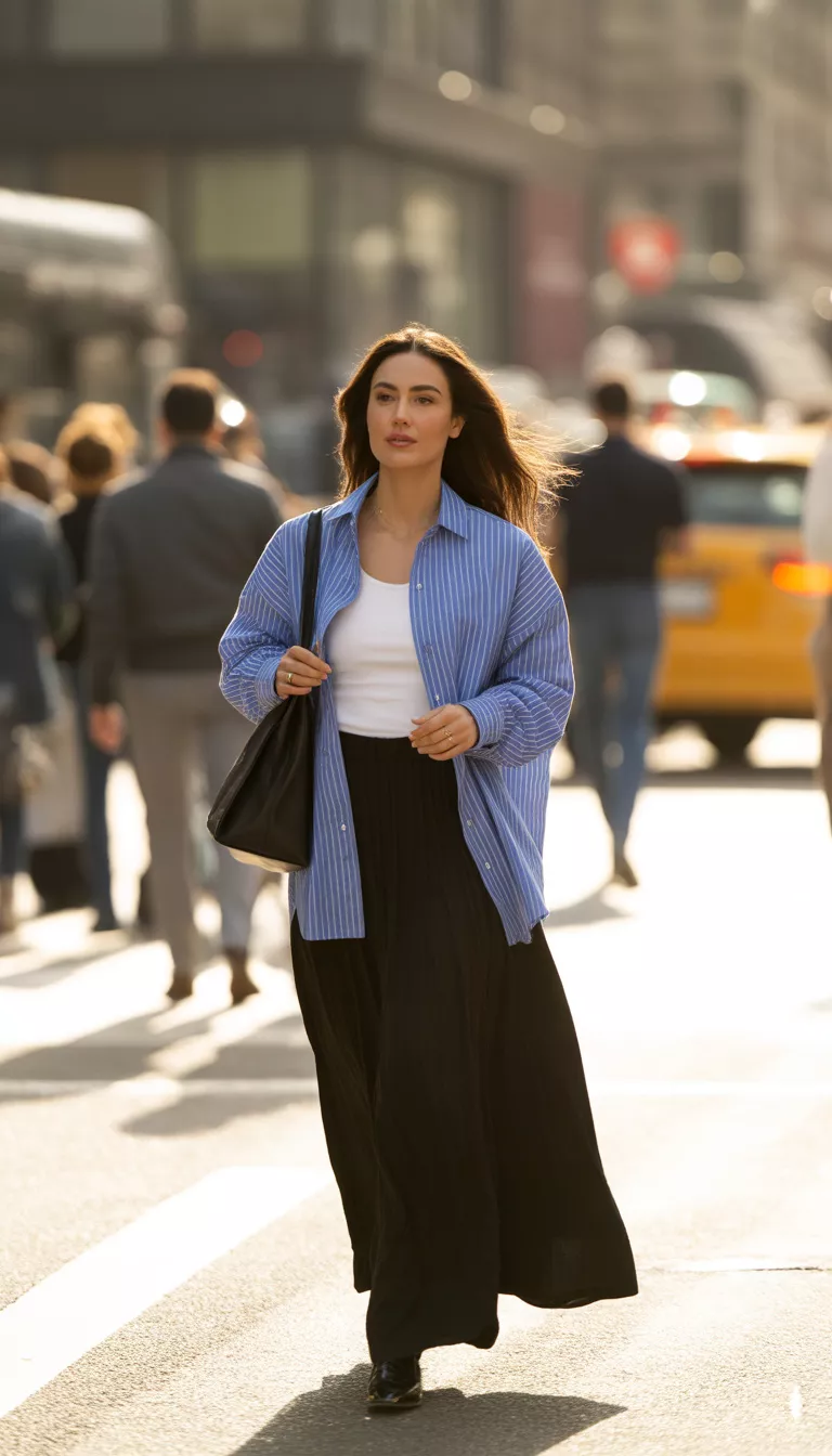 A beautiful woman in an unbuttoned oversized blue and white striped shirt over a white undershirt, a long black maxi skirt, and a black handbag, walking on a city sidewalk.
