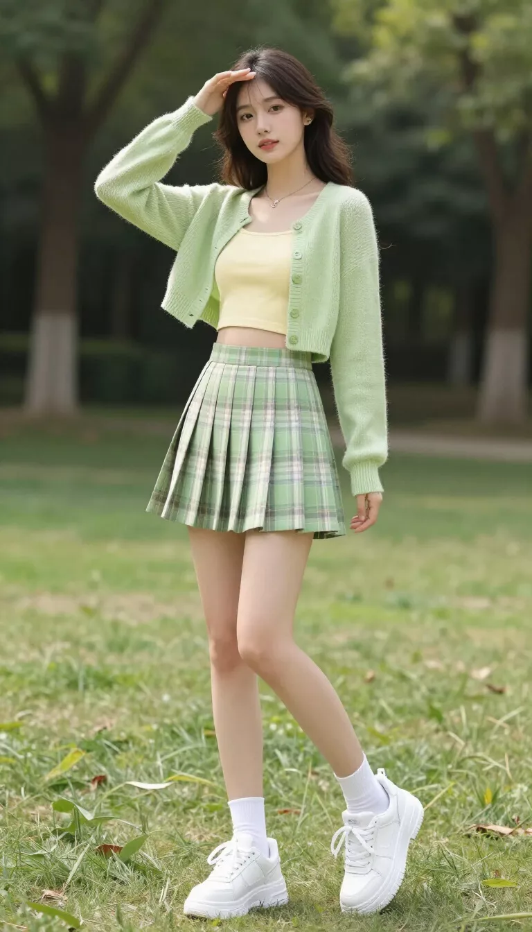 A beautiful woman in a pale green cropped cardigan over a yellow crop top, a matching plaid pleated mini skirt, white socks, and chunky white sneakers, posing in a sunny park.