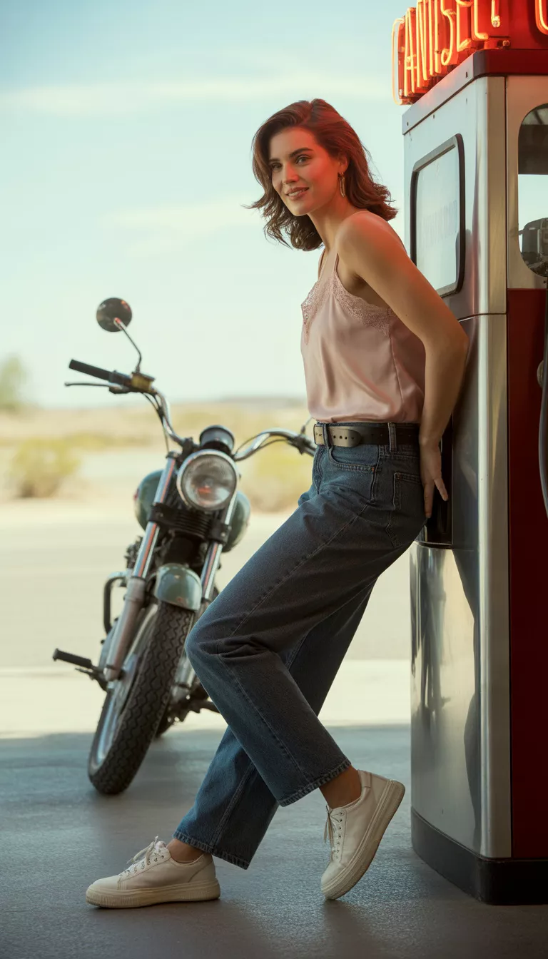 A beautiful woman in a pink lace-trimmed camisole, dark wash baggy jeans cinched with a belt, and chunky white sneakers, standing at a gas station near a motorcycle.