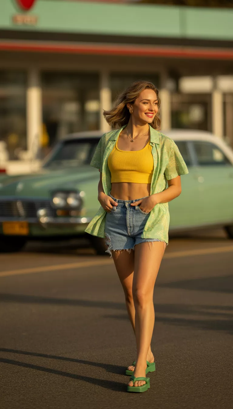 A beautiful woman in a yellow crop top layered under a light green floral short-sleeve button-up shirt, distressed denim shorts, and green platform flip-flops, standing on an asphalt road.