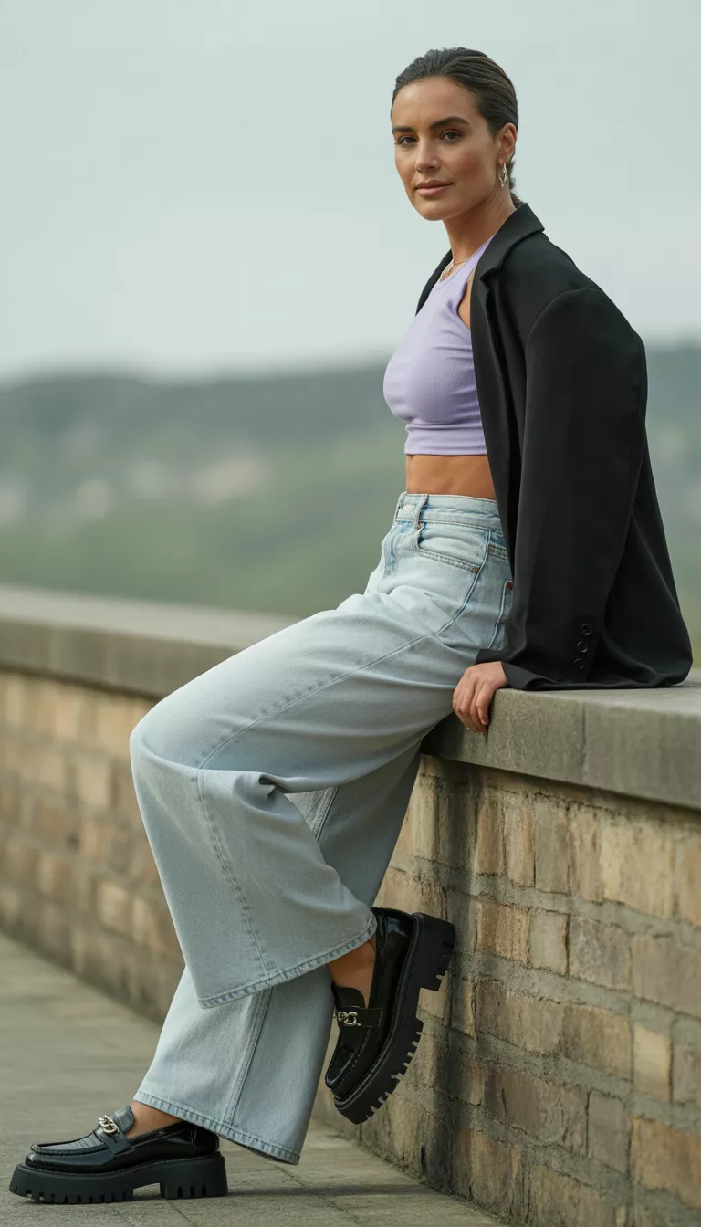 A beautiful woman in a light purple cropped undershirt, light wash wide-leg jeans, thick black lug-sole loafers with chain detail, and a black jacket, posing against a stone wall.