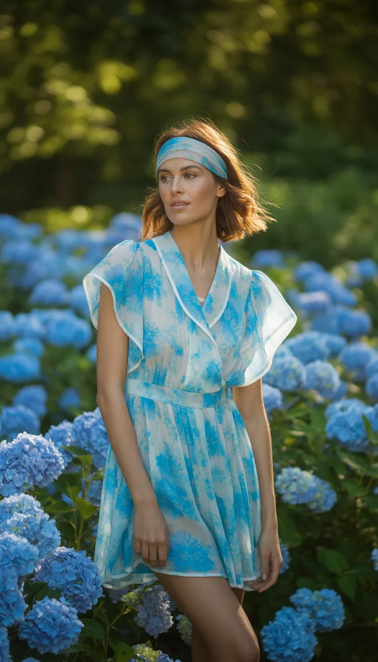 A beautiful woman in a light blue and turquoise floral print mini dress with white trim and a matching sheer headband, standing among blue hydrangeas.