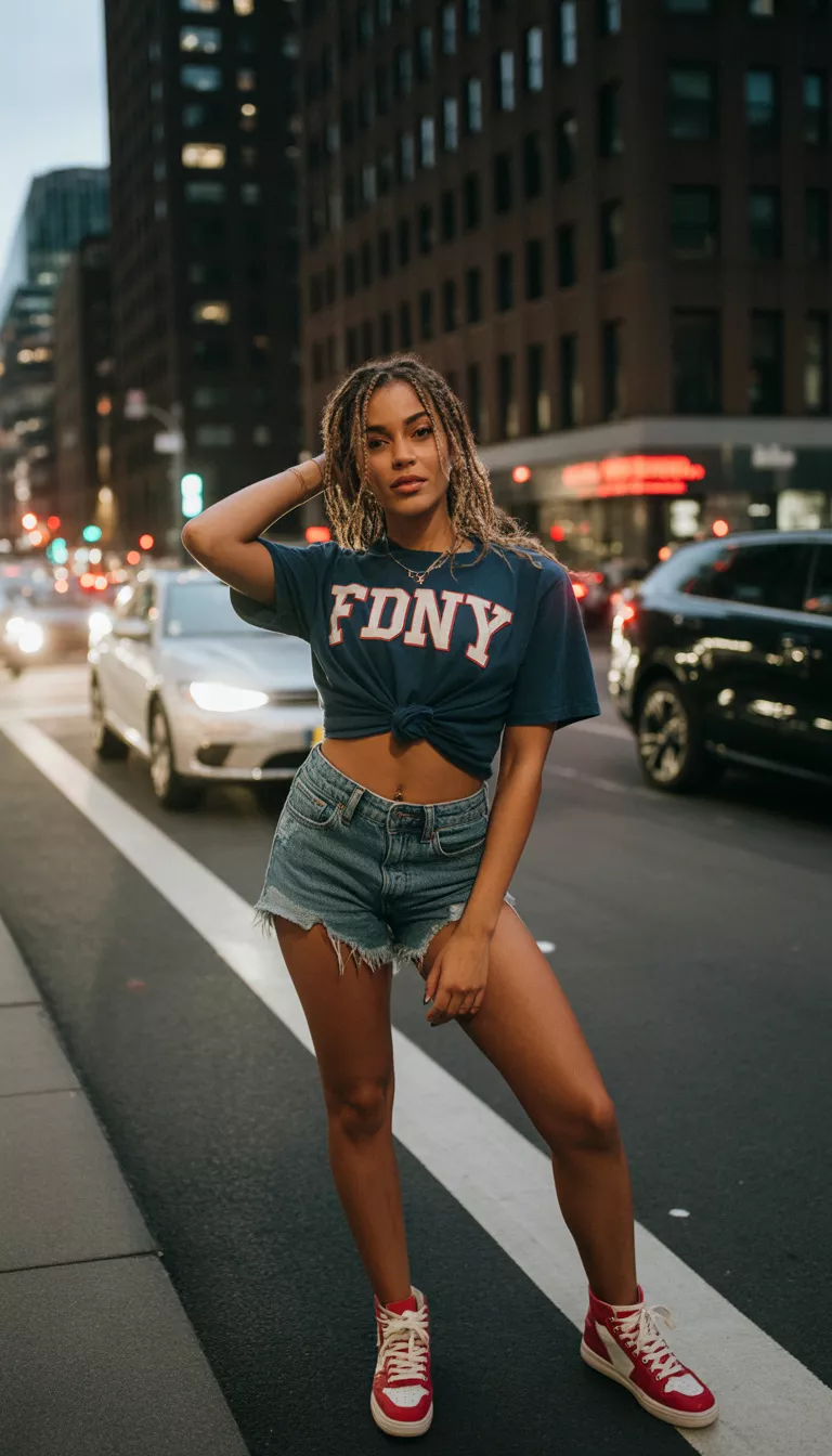 A beautiful woman in a cropped navy fdny t-shirt, frayed denim cutoff shorts, and red and white high-top sneakers, posing on a city sidewalk near large stones at night.