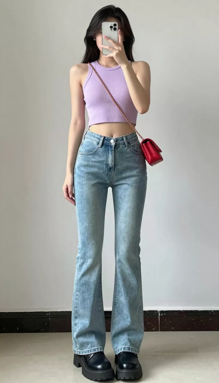 A beautiful woman in a light lavender ribbed crop top, light-wash flared jeans, chunky black boots, and a small red crossbody bag with a gold chain strap, taking a selfie.