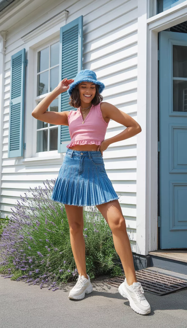 A beautiful woman in a pink ruffled-hem crop top, a blue distressed pleated denim mini skirt, chunky white sneakers, and a blue frayed bucket hat, posing in front of a white house.
