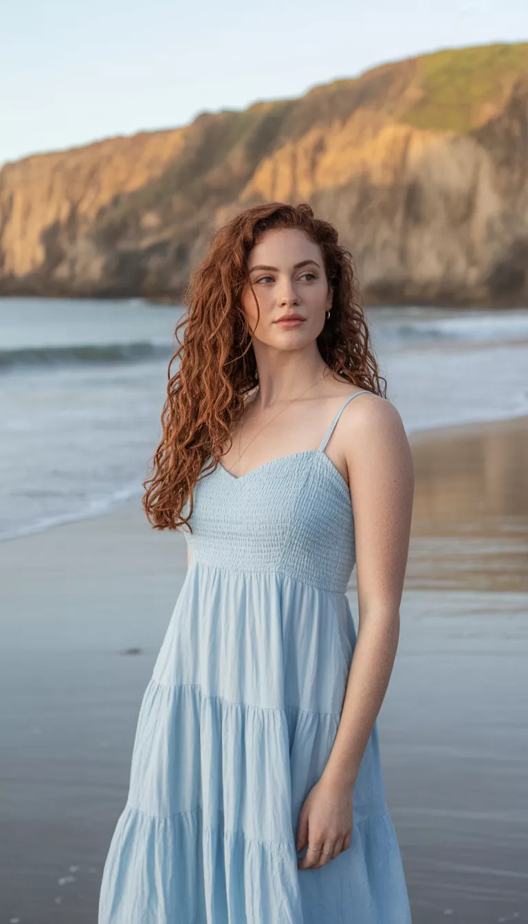 A beautiful 23-year-old woman in a light blue tiered sun dress with thin straps and a sweetheart neckline, she stands on wet sand against a backdrop of ocean waves and cliffs.