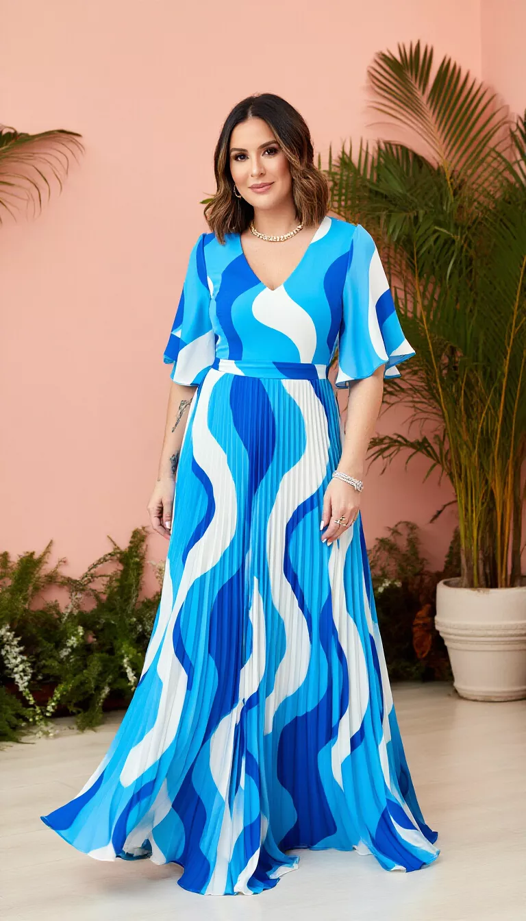 A beautiful 38-year-old woman in a bright blue and white abstract wave pattern maxi dress with a pleated skirt and flutter sleeves, she is set against a pink wall and large indoor plants.