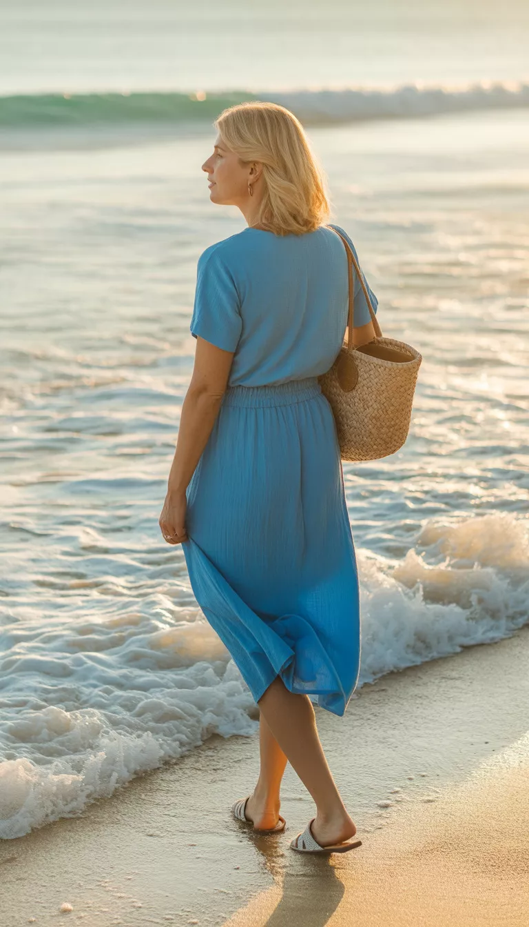 A beautiful 42-year-old woman in a casual light blue midi dress with short sleeves and an elastic waist, she carries a woven bag near the ocean waves along a sandy beach.