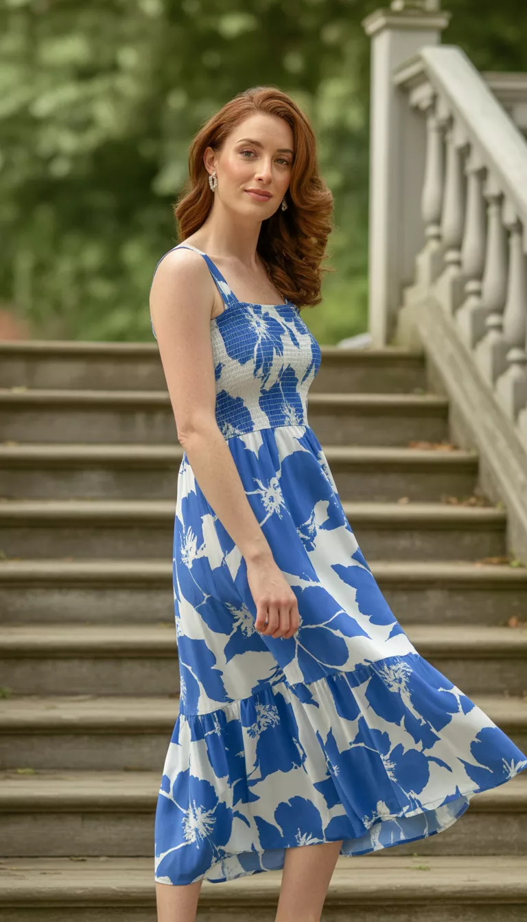 A beautiful 33-year-old woman in a striking blue and white large floral print midi dress with a smocked bodice and ruffled tiers, she stands on wooden steps near white railings.