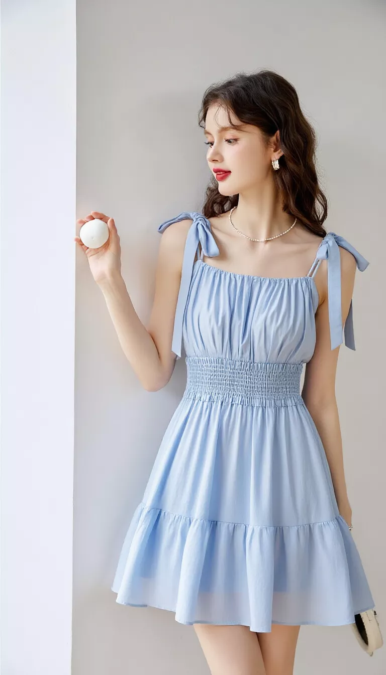 A beautiful 25-year-old woman in a light blue short tiered sundress with delicate tie shoulder straps and a smocked waist, she holds a small white object against a white wall.