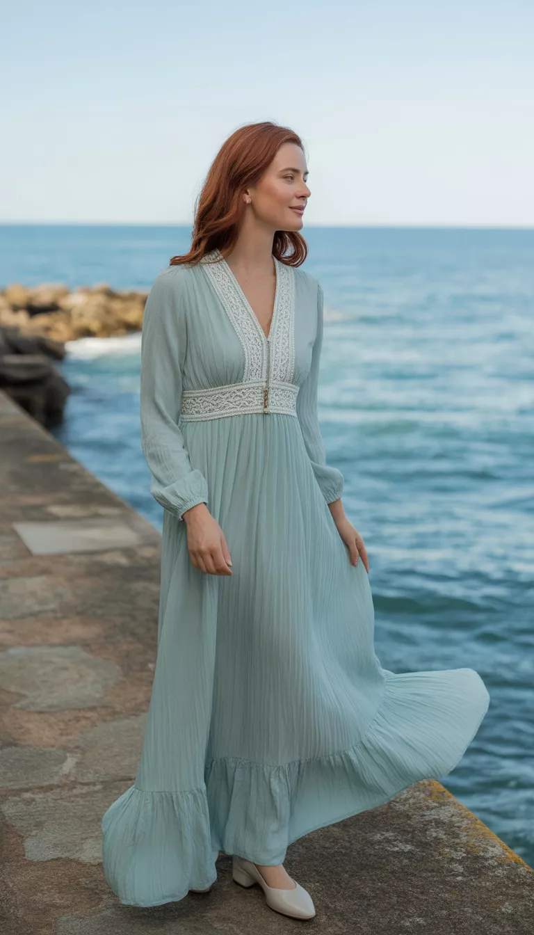 A beautiful 36-year-old woman in a long flowing mint green dress with white lace details on the bodice and ruffled hem, she stands on a paved waterfront path against a bright blue ocean backdrop.