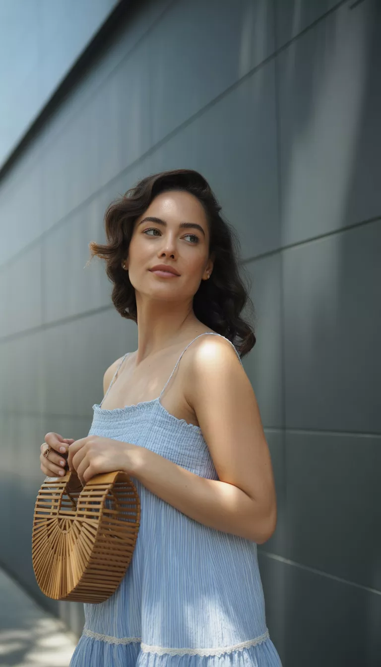 A beautiful 31-year-old woman in a light blue ruffled sundress with white trim and delicate straps, she carries a semi-circular woven wooden bag against a modern grey urban wall.