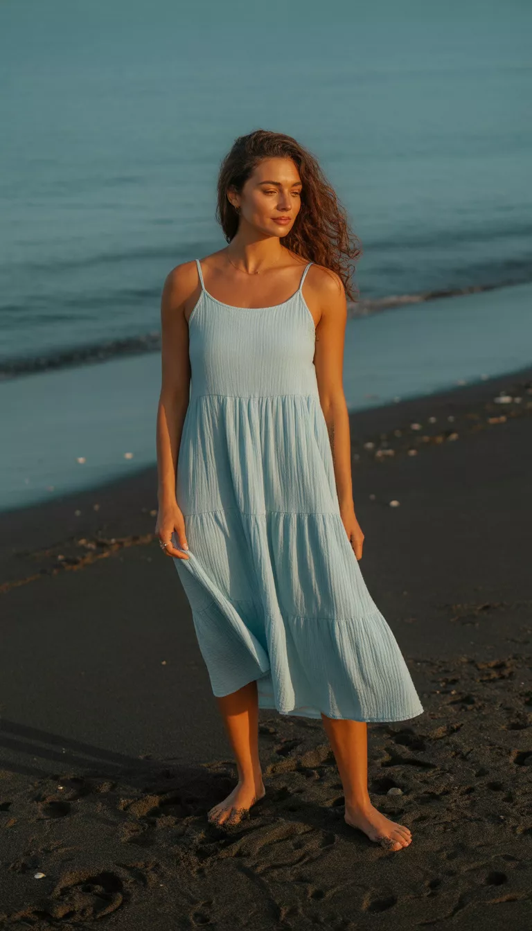 A beautiful 31-year-old woman in a light blue tiered cotton midi dress with thin spaghetti straps, she stands barefoot on dark sand at the beach.