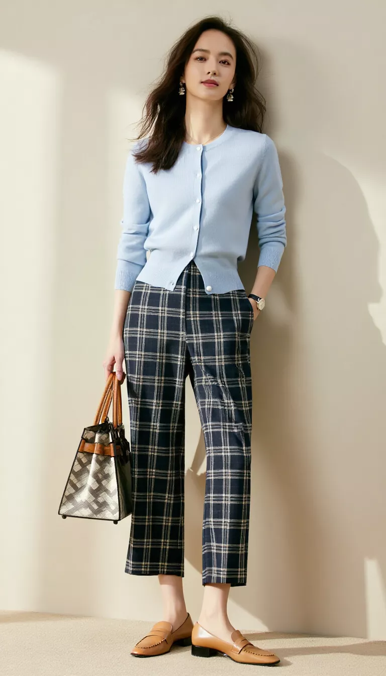 full-body fashion photograph of a 33-year-old woman leaning against a wall, wearing a light blue fitted cardigan and high-waisted plaid culottes, tan backless loafers, holding a designer tote, soft daylight, preppy and polished look