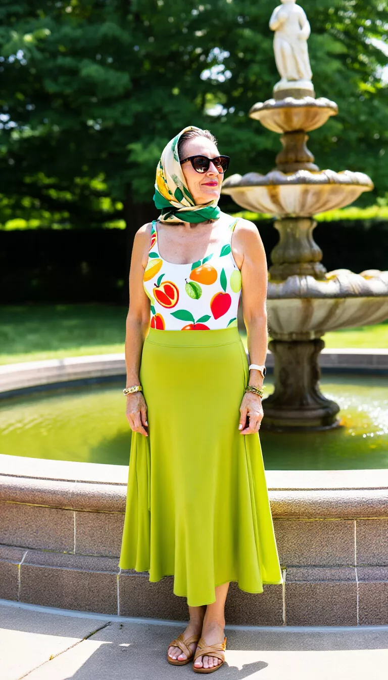 full-body fashion photograph of a 42-year-old woman near a stone fountain, wearing a fruit-patterned swimsuit, a long lime green skirt, a headscarf, and sunglasses, midday sun, elegant posture, refreshing summer aesthetic