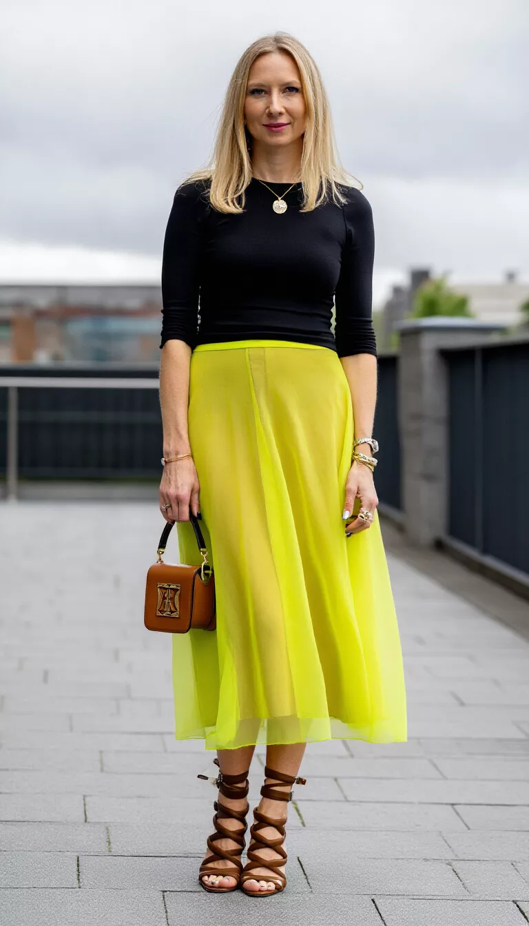 full-body fashion photograph of a 34-year-old blonde woman on an urban pavement, wearing a black top, a sheer neon yellow midi skirt, and strappy brown heels, holding a small brown logo bag, overcast lighting, cinematic depth, modern chic style