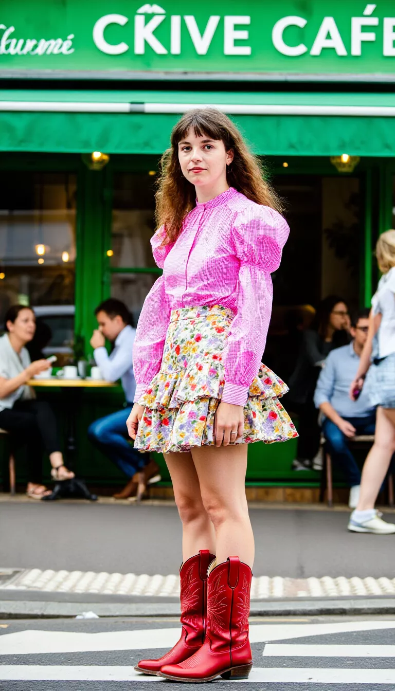 full-body fashion photograph of a 26-year-old woman on a bustling street, wearing a pink gingham blouse, a floral ruffled mini skirt, and red cowboy boots, vibrant green cafe backdrop, candid pose, sharp focus, eclectic street fashion texture