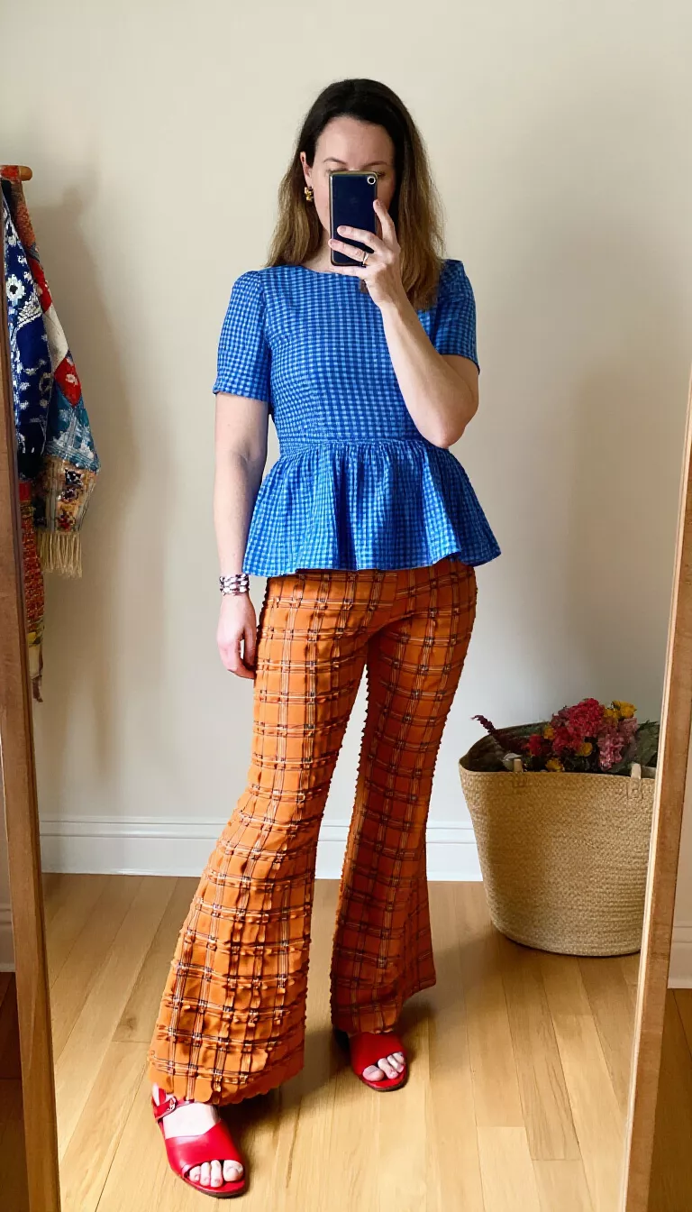 full-body fashion photograph of a 30-year-old woman in a mirror selfie, wearing a blue gingham top, textured orange plaid flared pants, and red sandals, light wooden floor background, indoor lighting, eclectic interior fashion