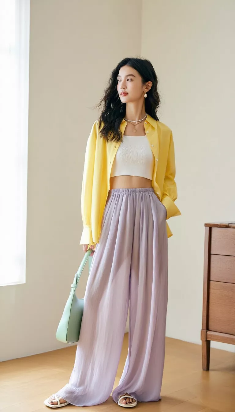 full-body fashion photograph of a 31-year-old woman indoors, wearing a white crop top, a yellow open shirt, and flowy lavender wide-leg trousers, mint green bag, soft window lighting, airy and relaxed chic atmosphere