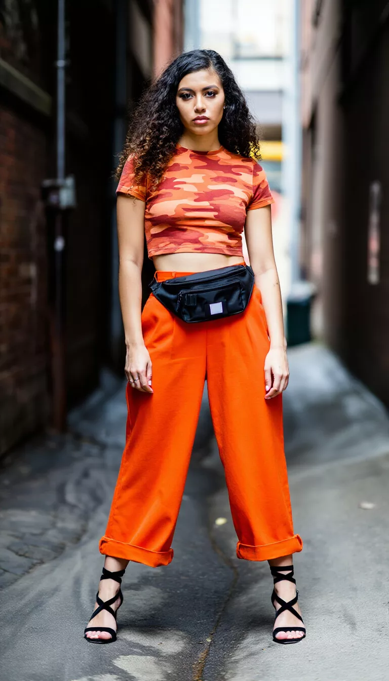 full-body fashion photograph of a 28-year-old woman in an alleyway, wearing an orange camouflage crop top, wide cuffed orange culottes, and strappy black heels, black fanny pack accessory, urban grit lighting, edgy street style