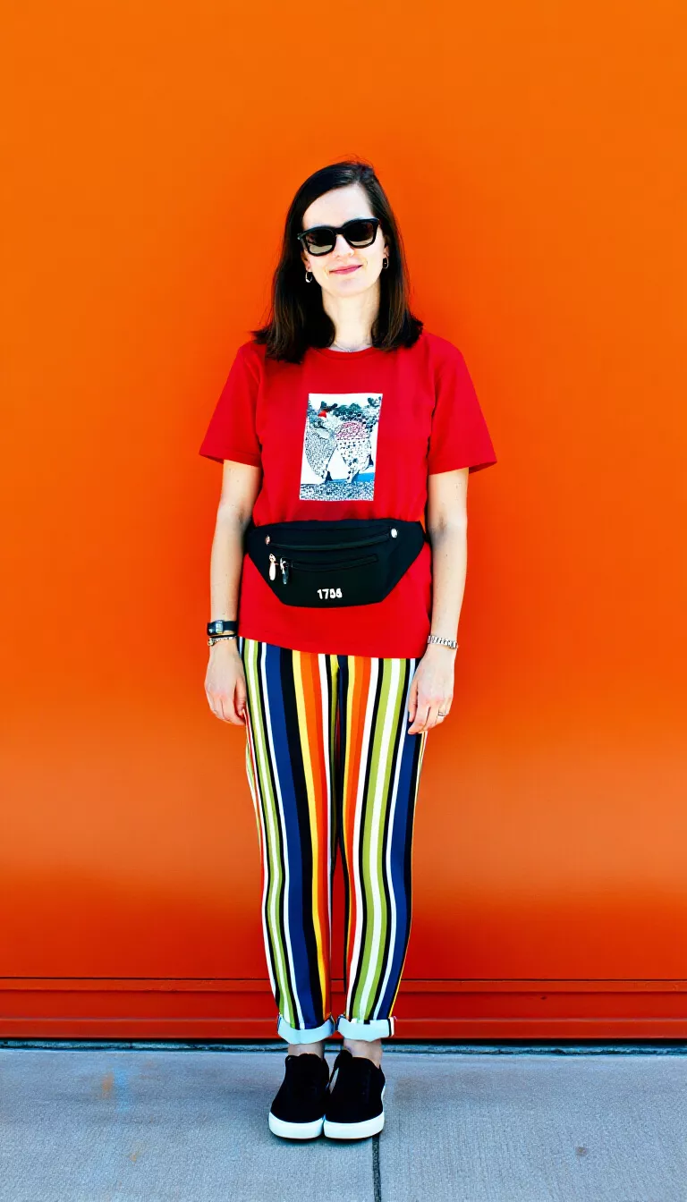 full-body fashion photograph of a 29-year-old woman against an orange wall, wearing a red graphic tee, a black fanny pack, and colorful vertical striped trousers, bright daylight, centered composition, bold pop art aesthetic