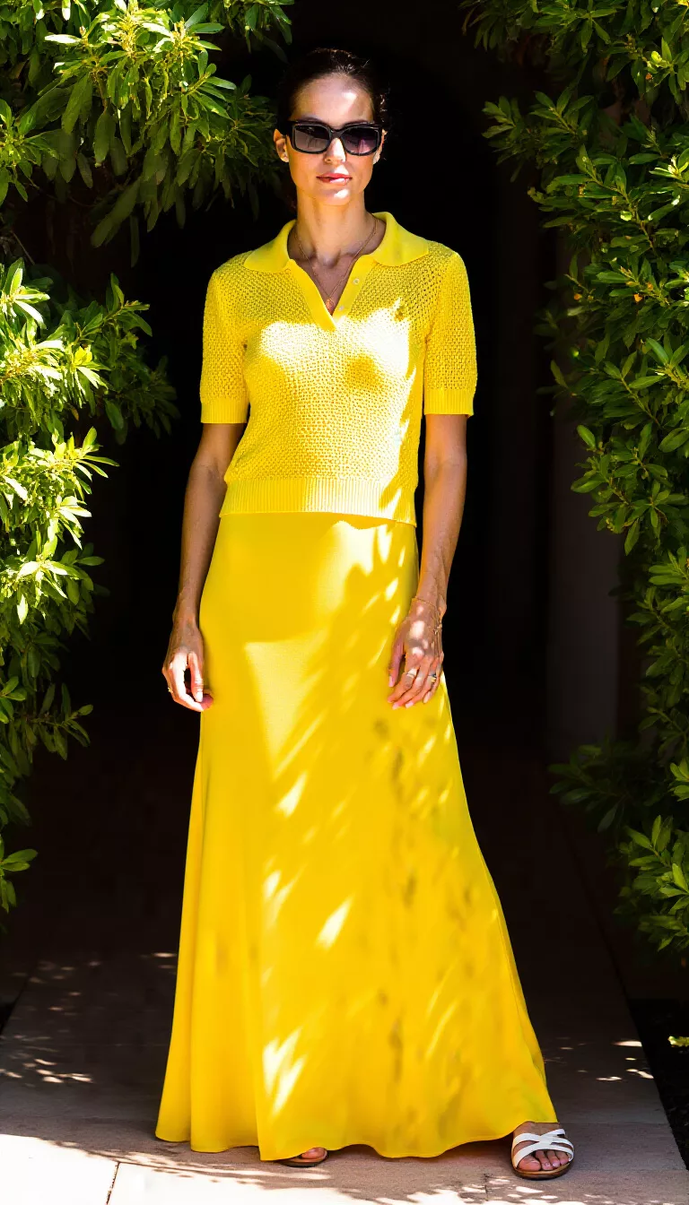 full-body fashion photograph of a 30-year-old woman framed by foliage, wearing a bright yellow knit collared top over a solid yellow maxi dress, dark sunglasses, dappled sunlight, monochromatic and bold summer look