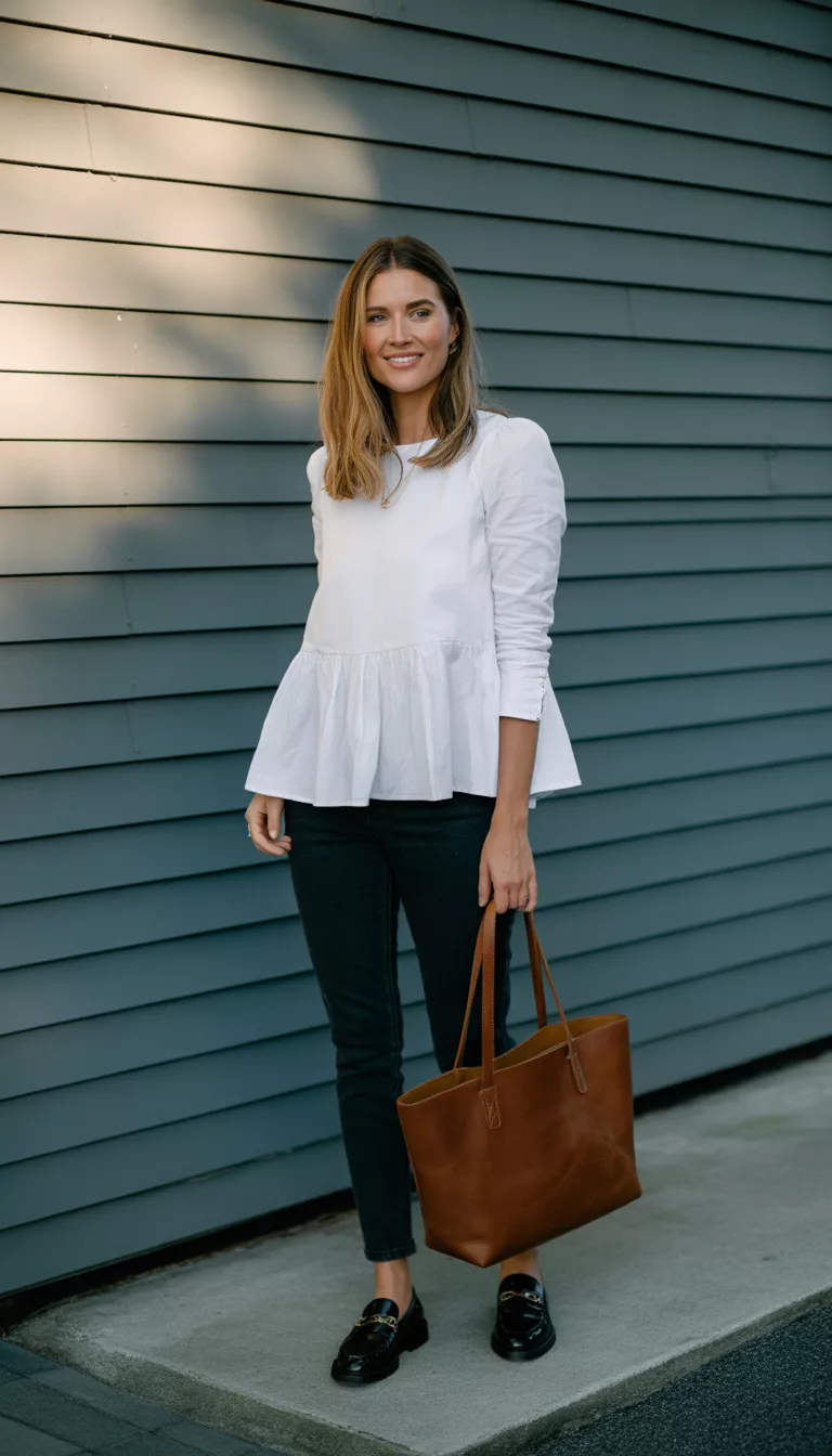 A beautiful 31-year-old woman in a white ruffled peplum top, dark skinny jeans, black loafers, and a brown tote bag, standing against a blue-gray siding background.