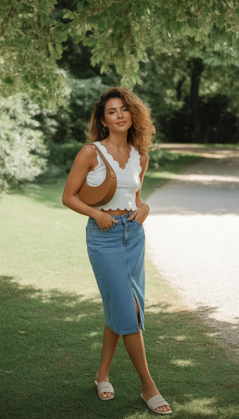 A beautiful 29-year-old woman in a white scalloped-edge crochet crop top, a cuffed denim midi skirt, neutral slides, and a brown crescent-shaped shoulder bag, standing outdoors.