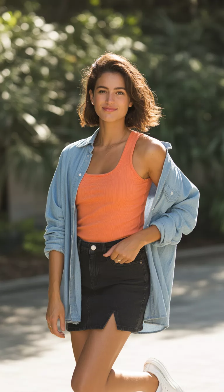 A beautiful 26-year-old woman in an orange tank top, an unbuttoned light-wash denim shirt, a black mini-skirt, and white sneakers, standing outdoors.