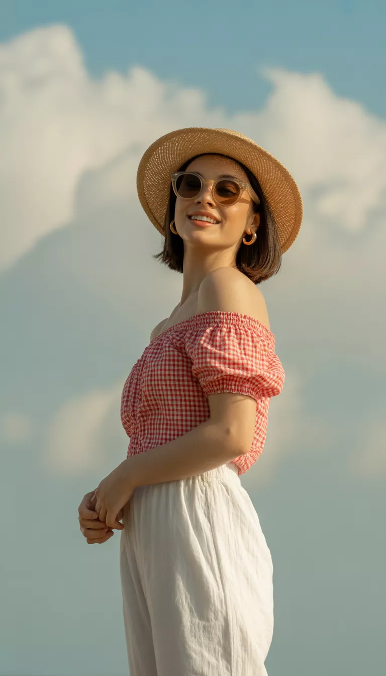 A beautiful 23-year-old woman in a red and white gingham off-the-shoulder top, white bottoms, a straw sunhat, and round sunglasses, standing against a light blue background.