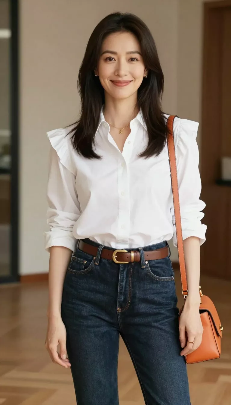 A beautiful 40-year-old woman in a white ruffled collared shirt, dark wash denim, a brown belt, and an orange purse, standing indoors on wood flooring.