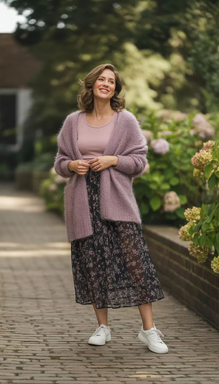A beautiful 45-year-old woman in a dusty pink undershirt, a sheer black floral midi skirt, white sneakers, and a fuzzy mauve cardigan, standing on a brick walkway.