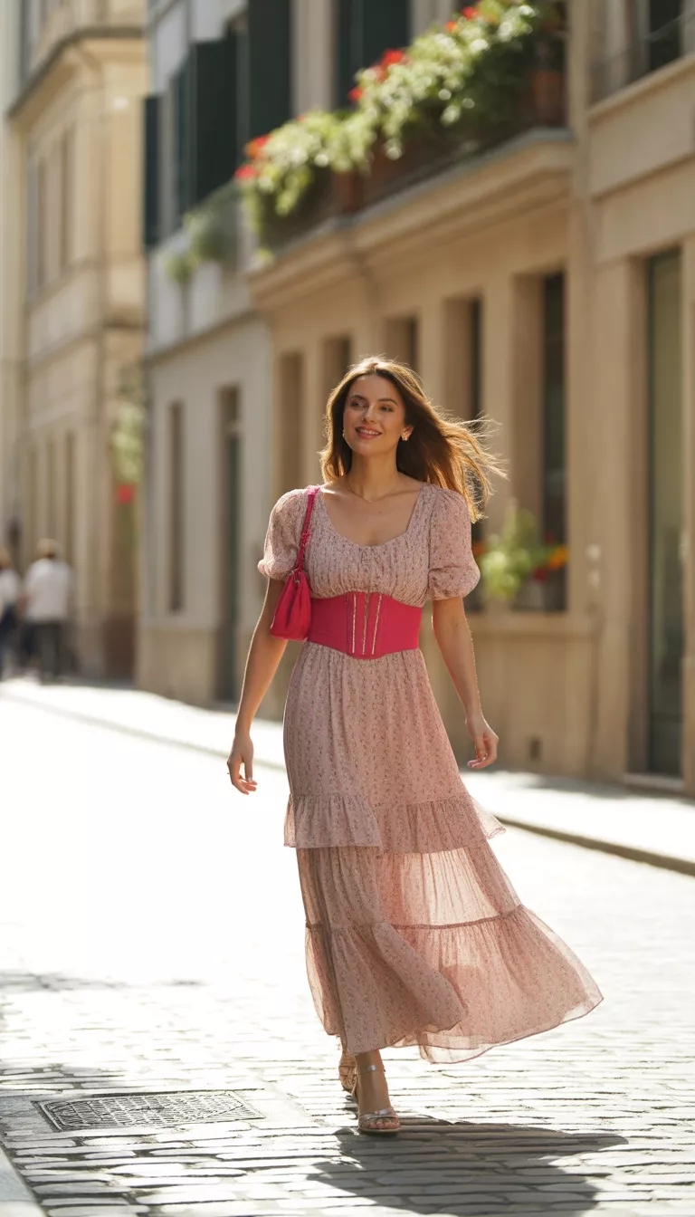 A beautiful 33-year-old woman in a tiered pink floral maxi dress, a matching pink corset belt, and a small red bag, strolling down a cobblestone city street.