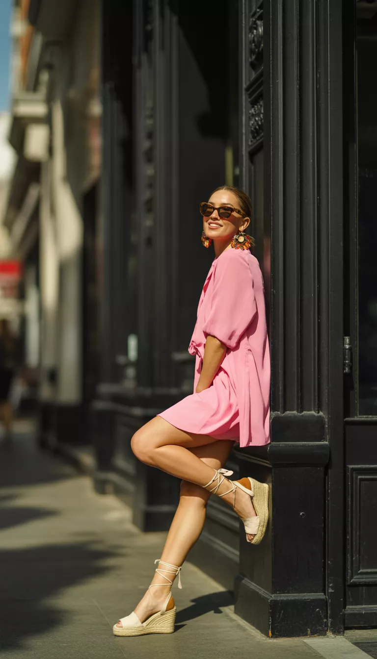 A beautiful 30-year-old woman in a short pink dress, colorful statement earrings, sunglasses, and beige lace-up espadrille wedges, leaning against a dark storefront.