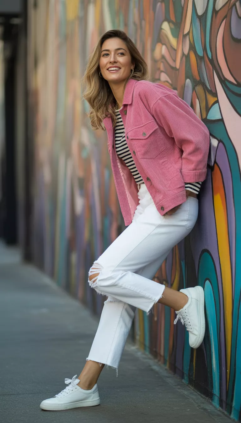 A beautiful 27-year-old woman in a pink corduroy shacket, a striped shirt, white cropped jeans with a frayed hem, and white sneakers, standing by a colorful mural.