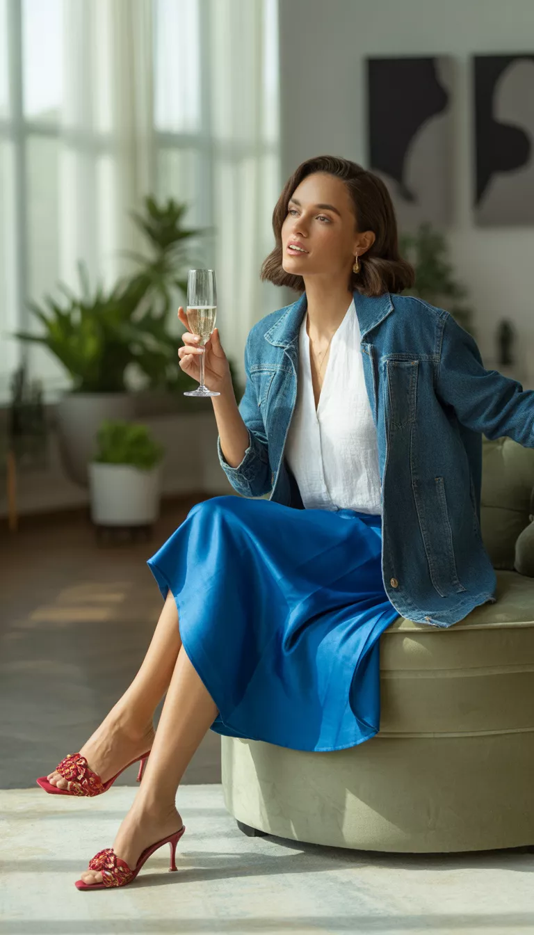 A beautiful 32-year-old woman in a white top, a cobalt blue satin midi skirt, a denim shrug, and red floral heeled sandals, sitting and holding a drink.