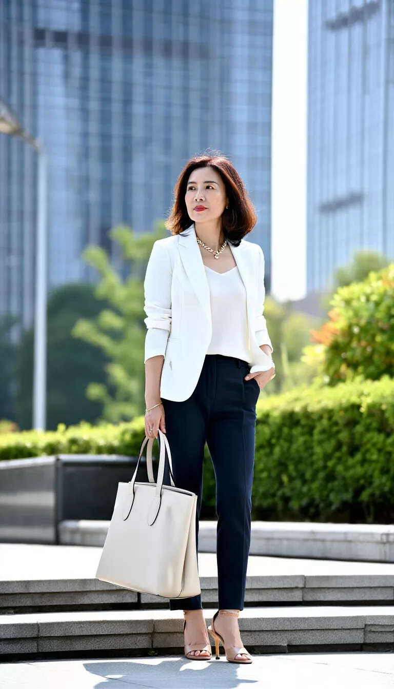 full-body fashion photograph of a 39-year-old woman posing on city steps wearing a white blazer, white top, dark fitted pants, nude stiletto sandals, and a large cream tote bag, bright afternoon sun, sophisticated urban style.