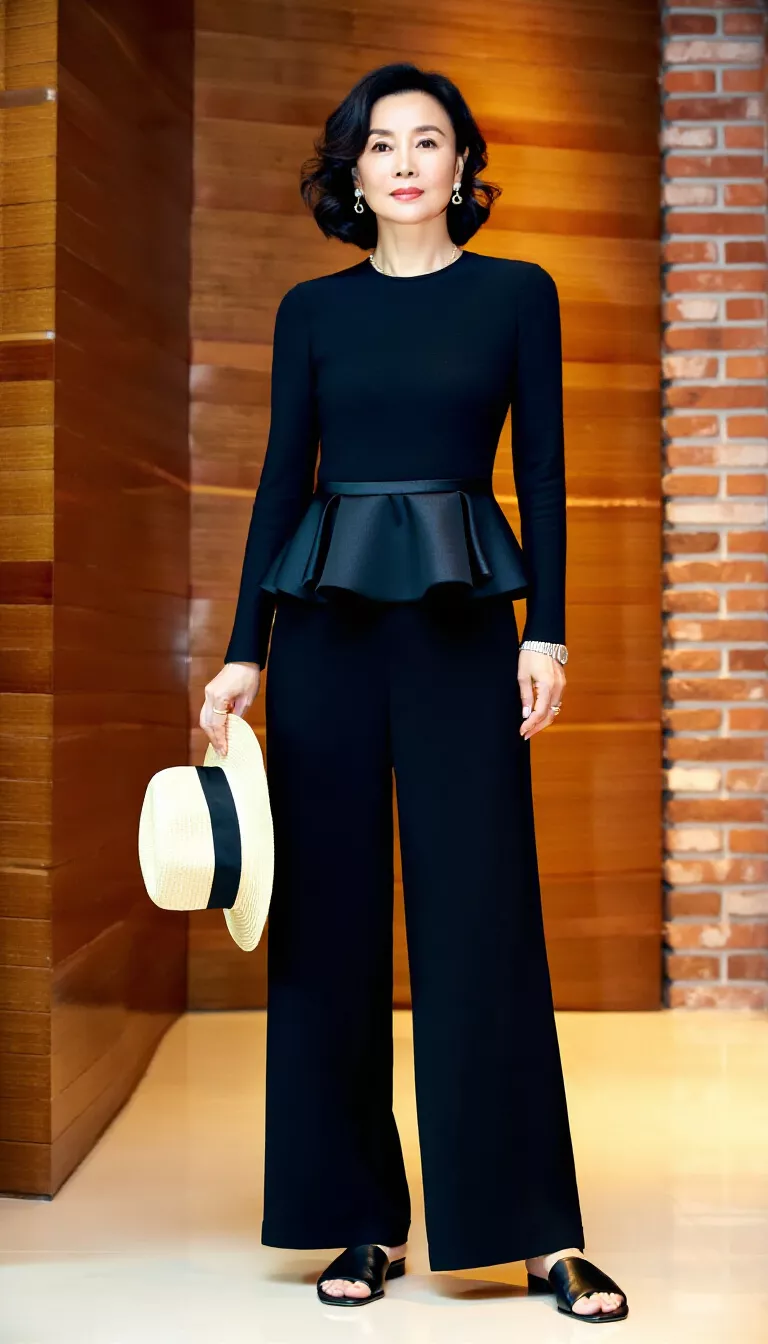 full-body fashion photograph of a 40-year-old woman standing indoors near a brick wall wearing a black peplum top, black palazzo pants, black slides, and holding a straw fedora, indoor lighting, sophisticated all-black look.