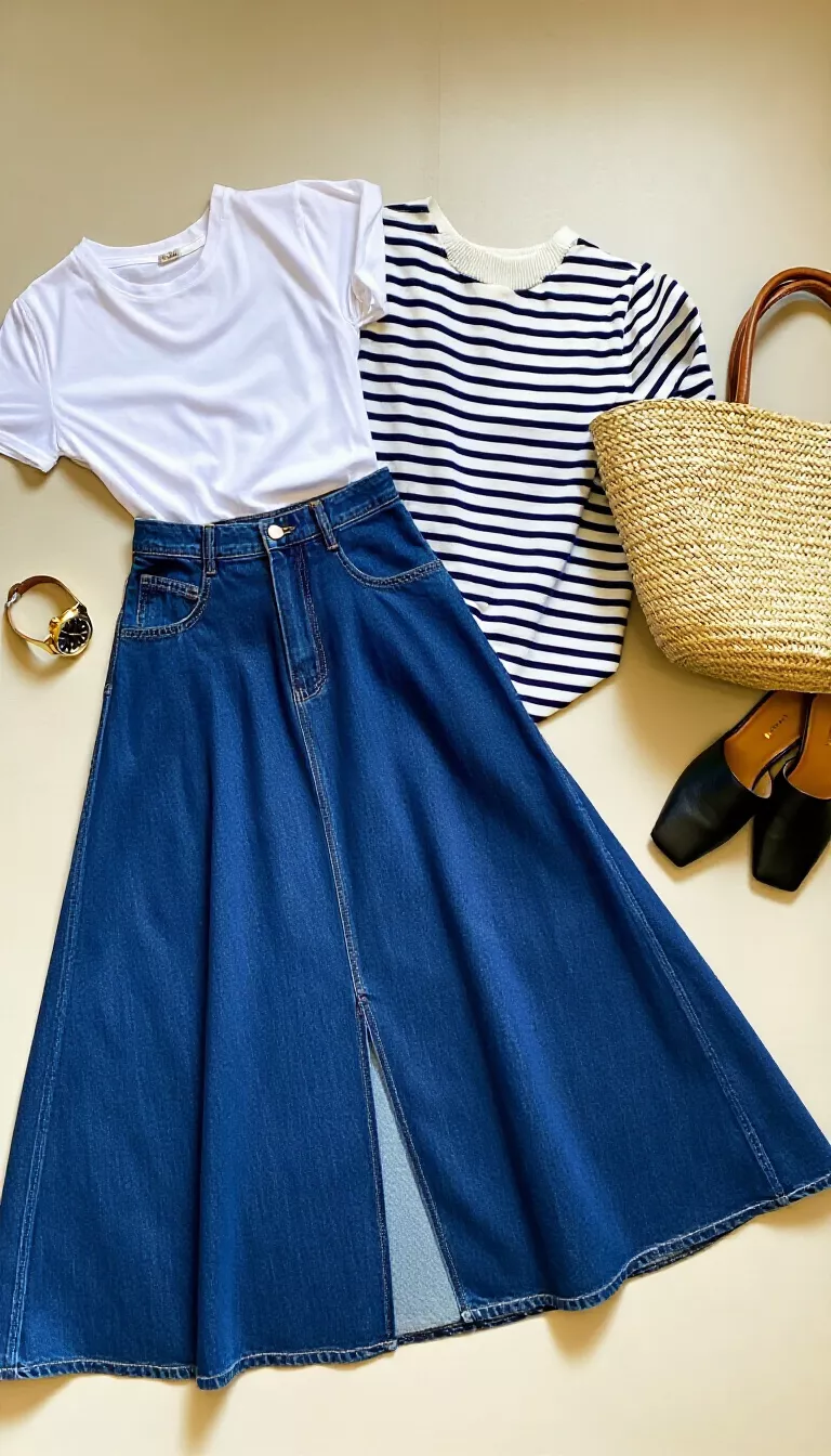 casual summer flat lay of a white tee, striped long sleeve shirt, high-waisted denim maxi skirt, straw tote, gold watch, and leather slides, bright clean aesthetic, high-angle shot.