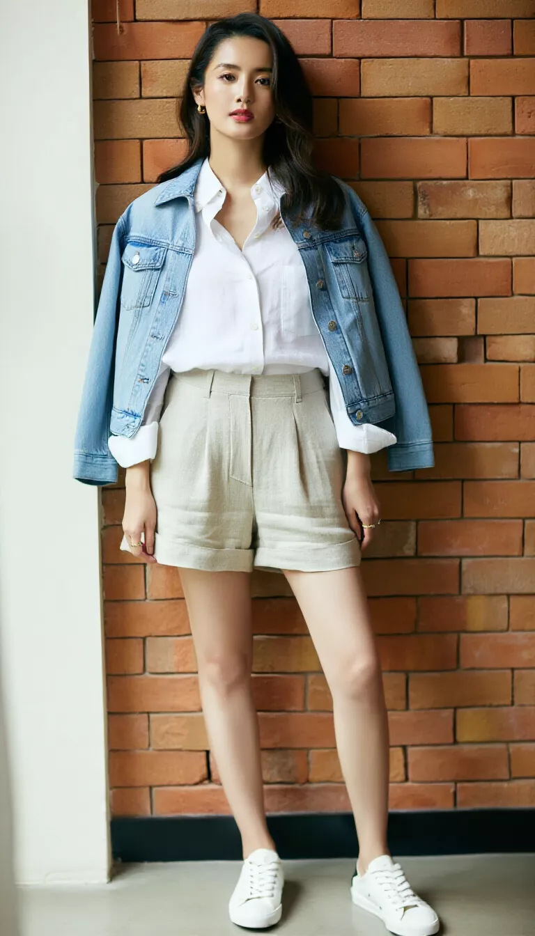 full-body fashion photograph of a 26-year-old woman standing indoors against a brick wall wearing cutoff linen shorts, a white button-down shirt, a light wash denim jacket, and white sneakers, soft natural light, casual stance.