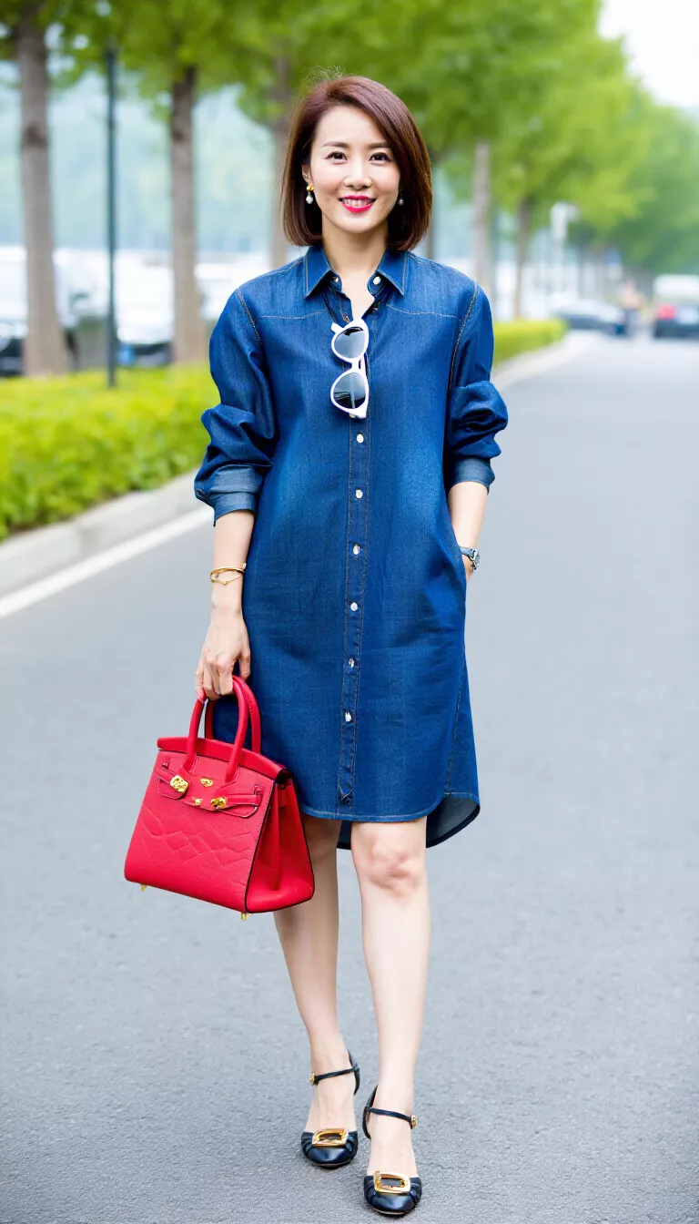 full-body fashion photograph of a 36-year-old woman standing on a paved road wearing a denim shirt dress, holding a bright red structured handbag, and sunglasses tucked into her neckline, smiling, outdoor lighting, casual chic.