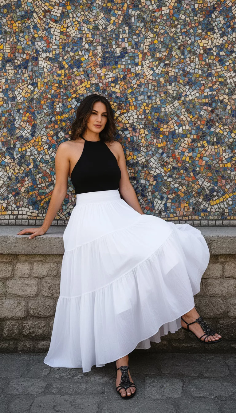 full-body fashion photograph of a 33-year-old woman sitting on a stone ledge wearing a black halter top, a voluminous white tiered maxi skirt, and ornate dark sandals, colorful mosaic wall background, artsy and stylish pose.