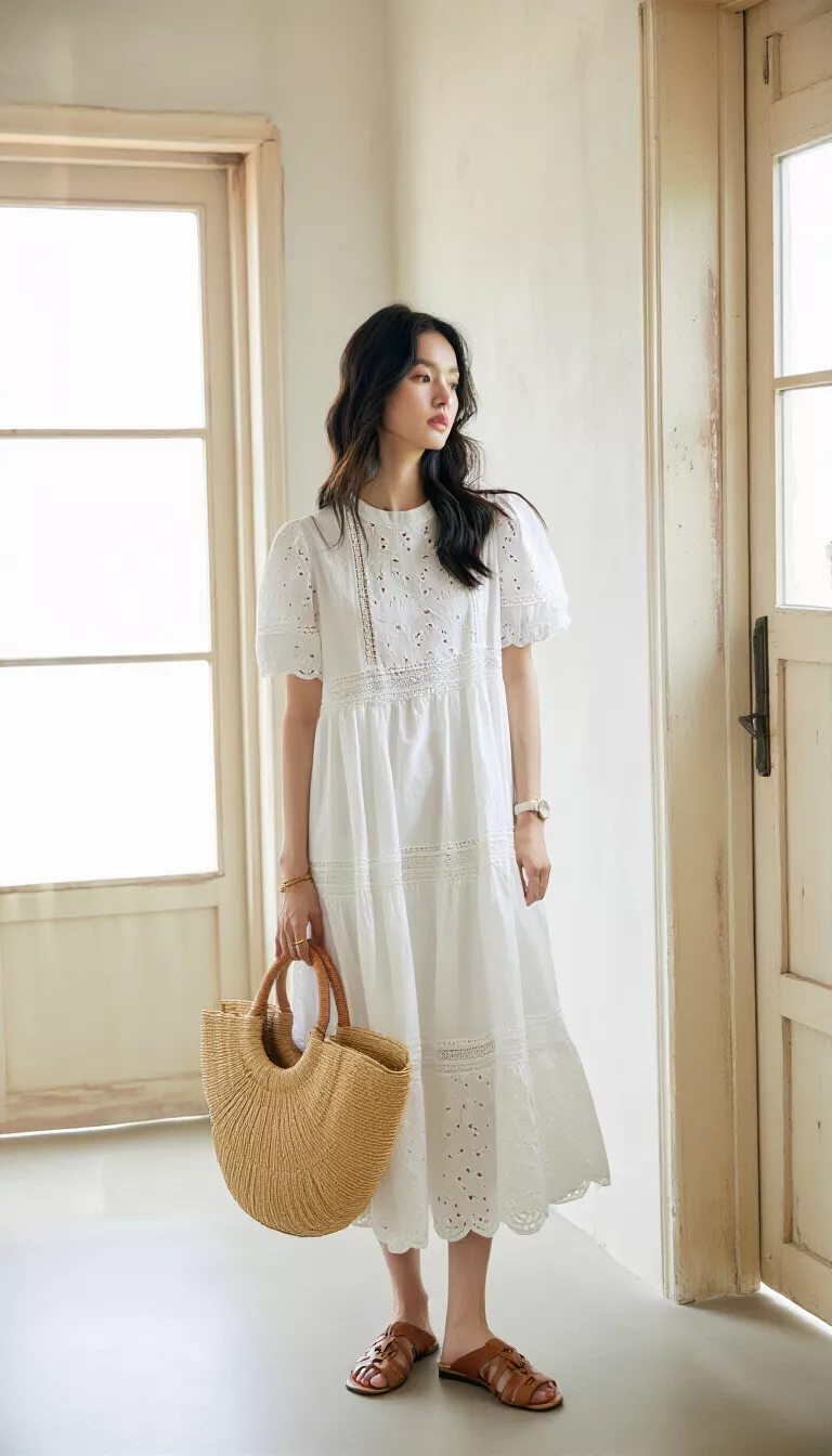 full-body fashion photograph of a 28-year-old woman standing in a bright white room with rustic doors wearing a white eyelet tiered maxi dress and carrying a large round straw beach tote bag, soft natural light, serene expression.